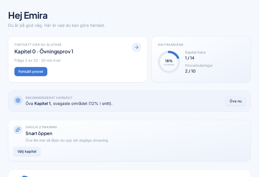 Översiktsvy i appen med fortsätt där du slutade, din framgång, rekommendationer och kunskapskarta